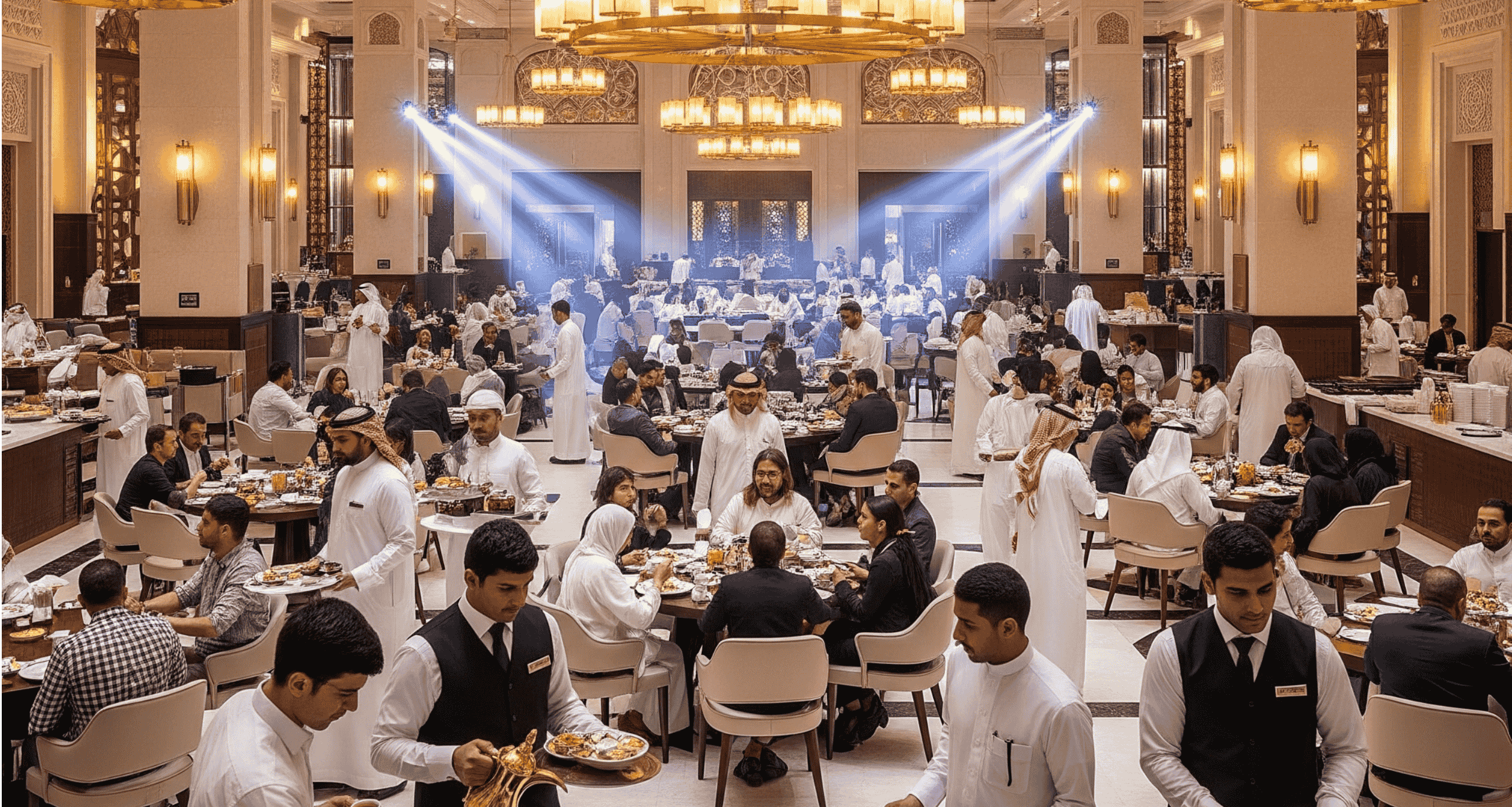موظفو رحابة الوطن في مطعم فاخر يقدمون الطعام لضيوفهم في قاعة مزينة بأسلوب أنيق يجمع بين التراث والحداثة، مما يعكس جودة الخدمة والاهتمام بالتفاصيل