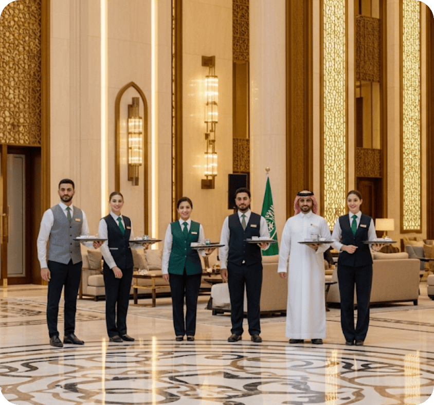 صورة لفريق عمل محترف ، يمثلون رحابة الوطن في قطاعات الضيافة لتأجير العمالة في المملكة العربية السعودية. يظهر في الصورة طهاة وموظف استقبال أو إداري ، ومدير سعودي يرتدي الزي التقليدي، يقفون في ردهة حديثة