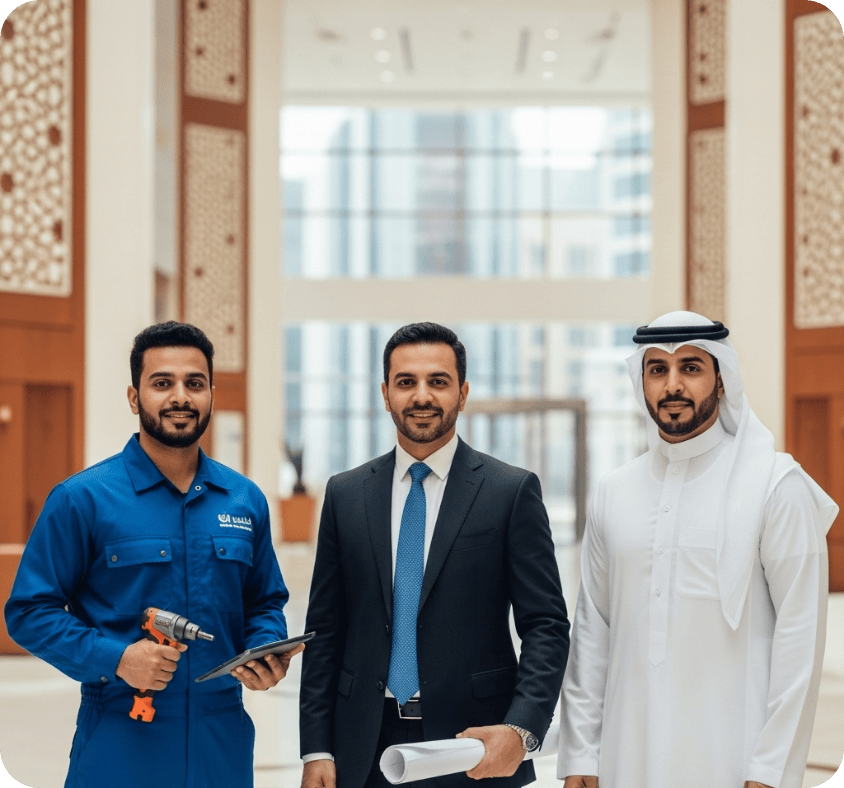 صورة لفريق عمل سعودي محترف يقدم خدمات التشغيل والصيانة. يظهر في الصورة عامل صيانة يرتدي زي العمل ويحمل أدواته وجهازًا لوحيًا، ومدير أو مهندس يرتدي بدلة رسمية ويحمل مخططات، بالإضافة إلى مدير تنفيذي يرتدي الزي السعودي التقليدي. يقف الفريق في بهو مبنى عصري يعكس بيئة عمل احترافية.
