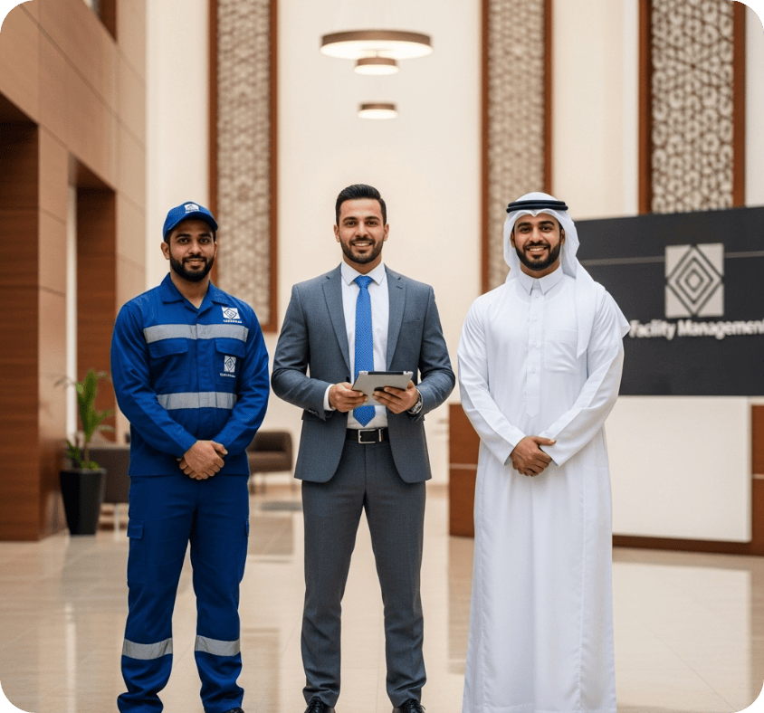 صورة لفريق عمل احترافي يمثل خدمات إدارة المرافق. يظهر في الصورة فني يرتدي زي العمل وقبعة زرقاء، ومدير في بدلة رسمية يحمل جهازًا لوحيًا، ومدير تنفيذي سعودي يرتدي الثوب التقليدي. يقف الفريق أمام شعار "Facility Management" في بهو حديث يعكس الاحترافية.